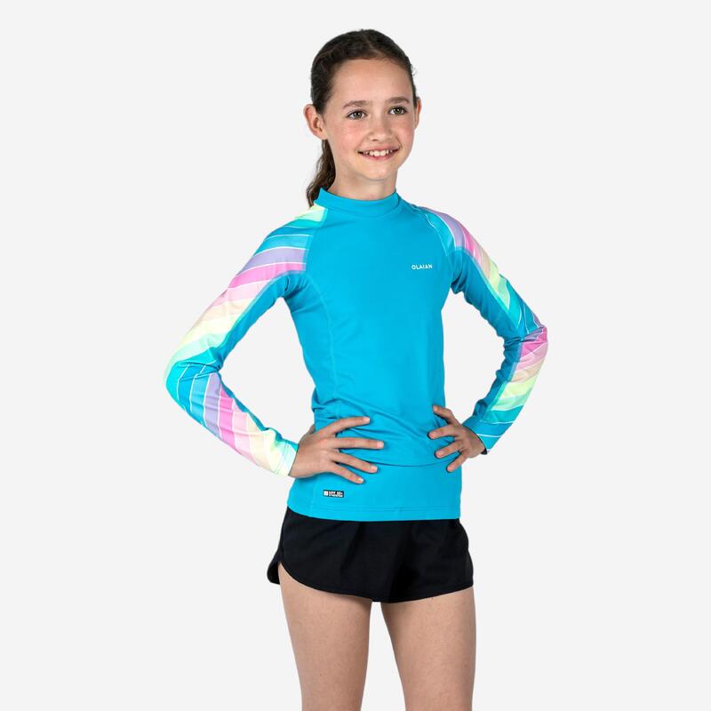 Maglia anti-UV ragazza 500 RAINBOW azzurra