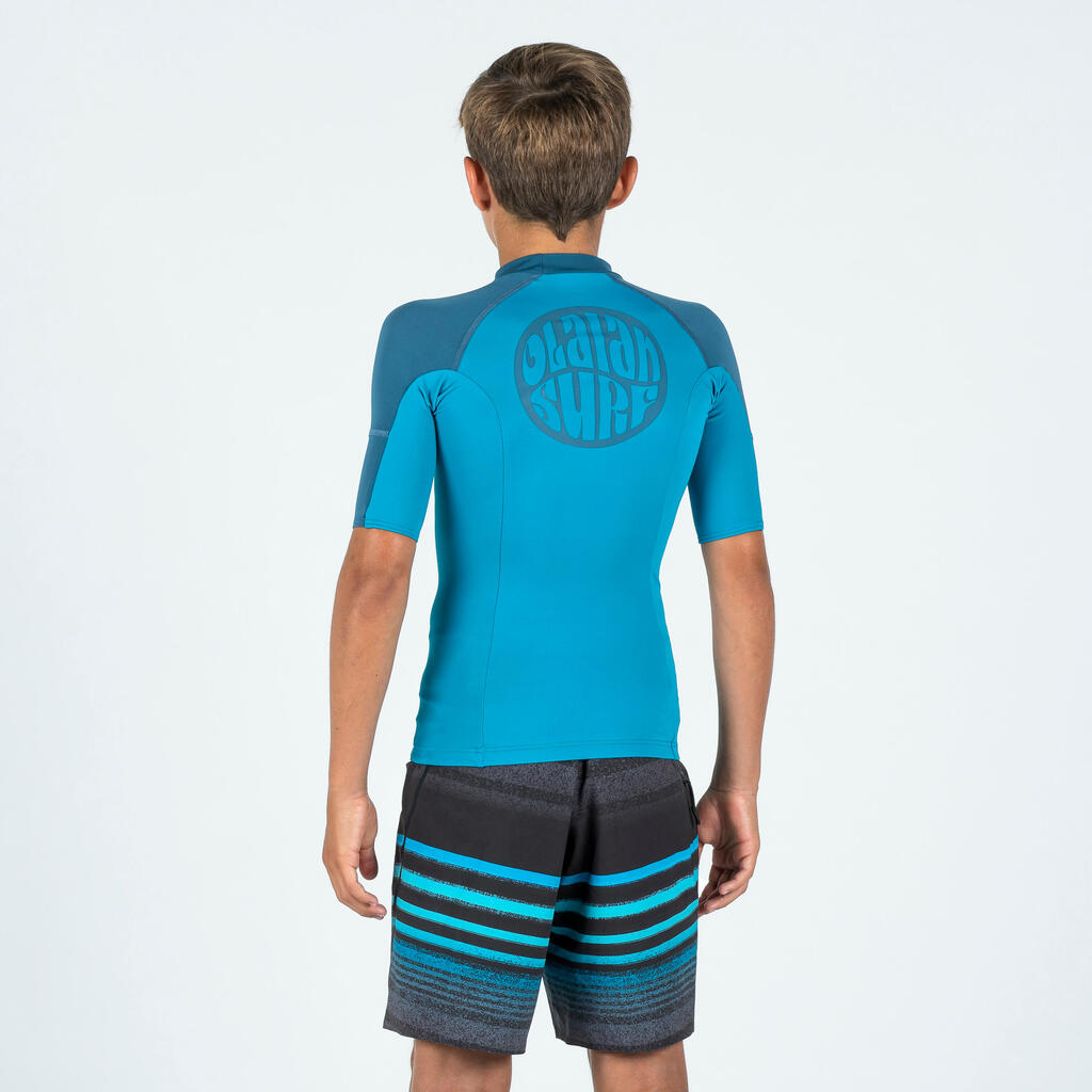 Chlapčenské tričko 500 s ochranou proti UV krátky rukáv Camo čierno-modré