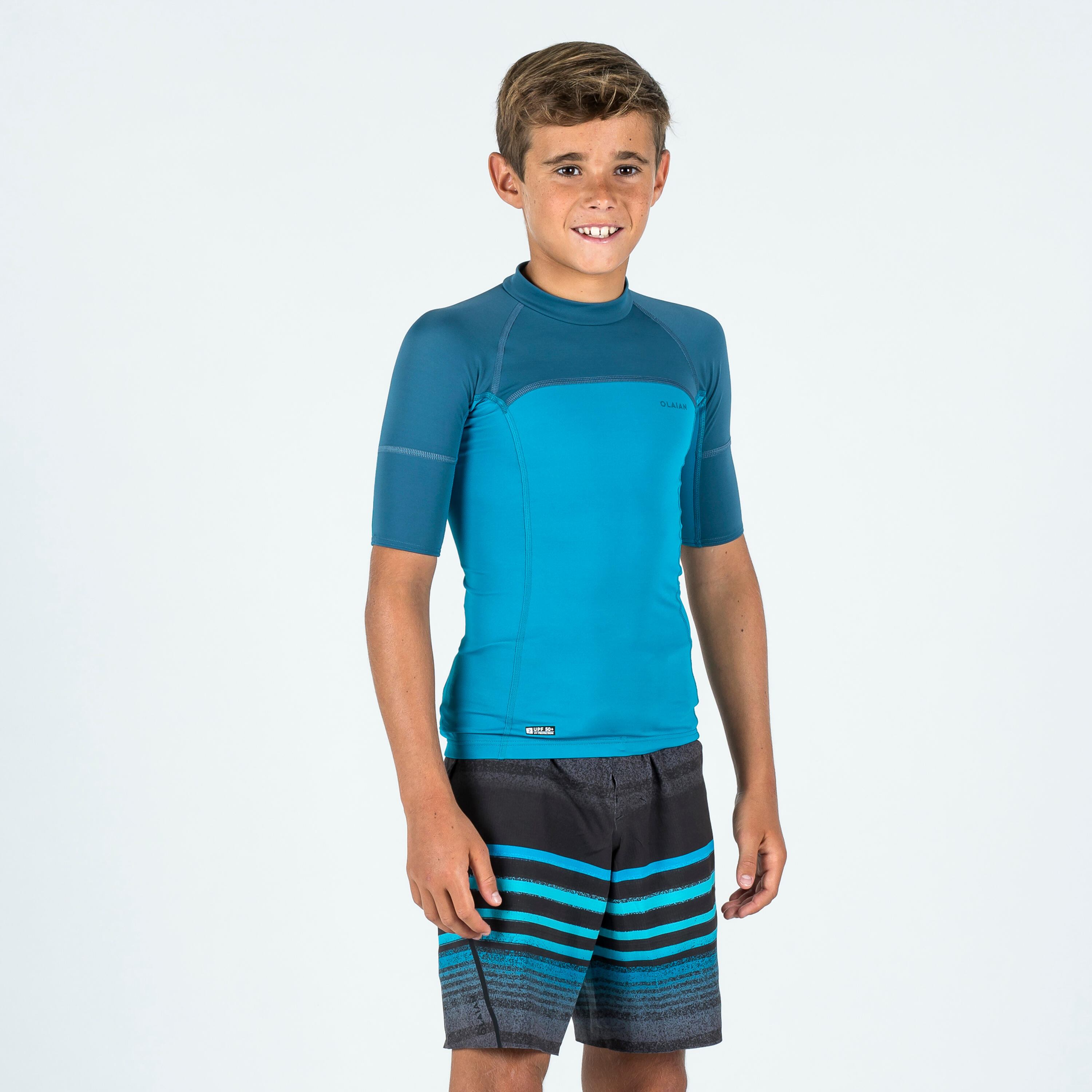 Boy's short-sleeved anti-uv tee shirt - 500 Surf blue