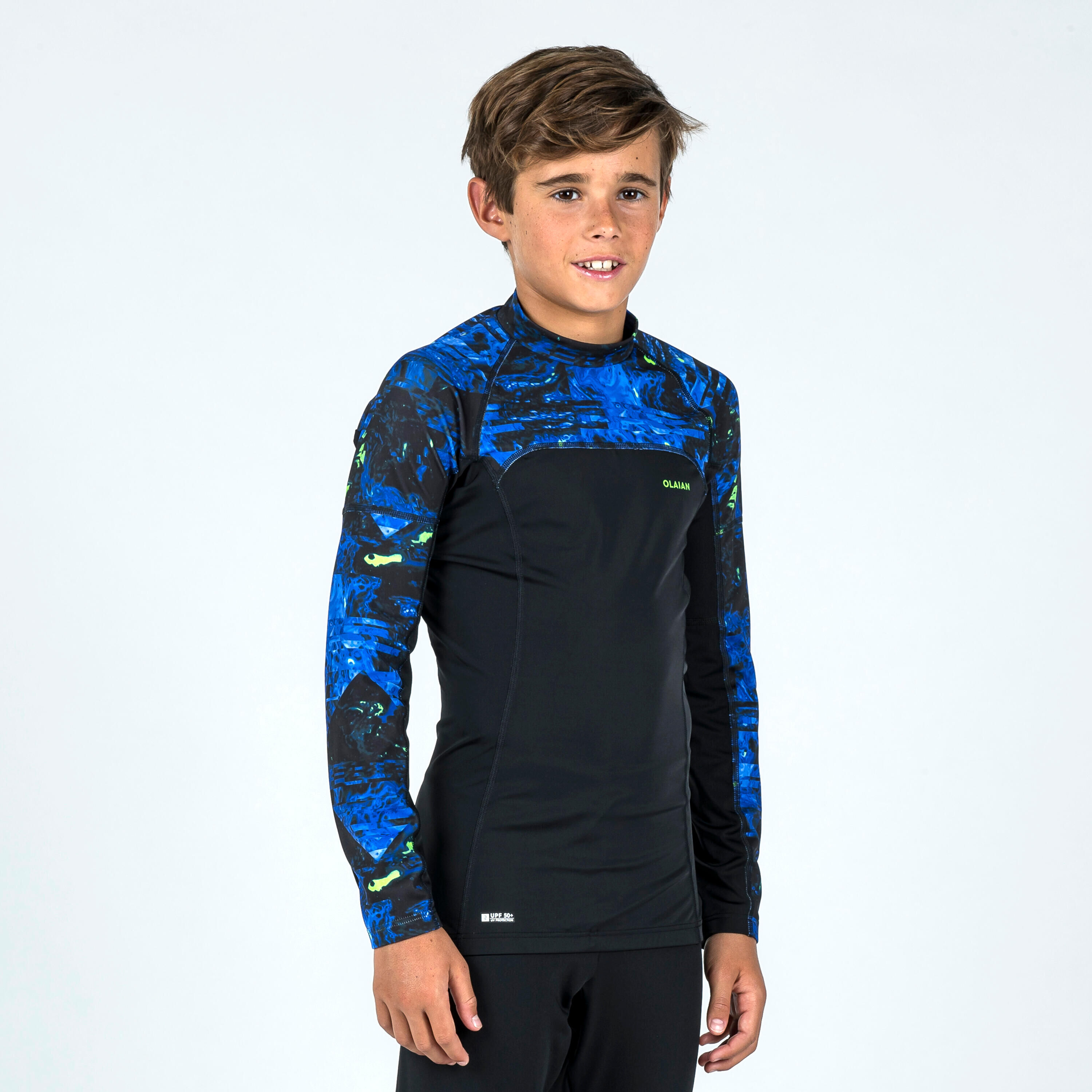 OLAIAN Boy's long-sleeved anti-UV T-shirt - 500 Vortex black