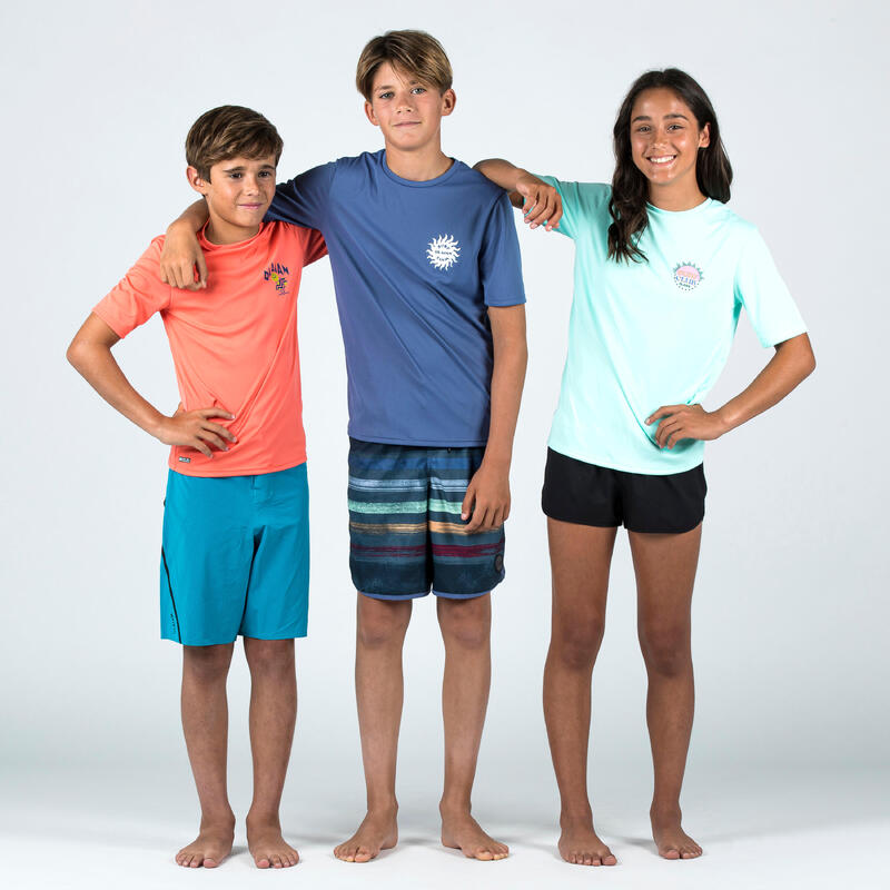 UV-Shirt Surfen Kinder kurzarm 100 Sunset Vibes türkis