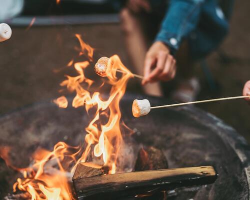 Ludzie pieczący na patykach pianki marshmallow na ognisku