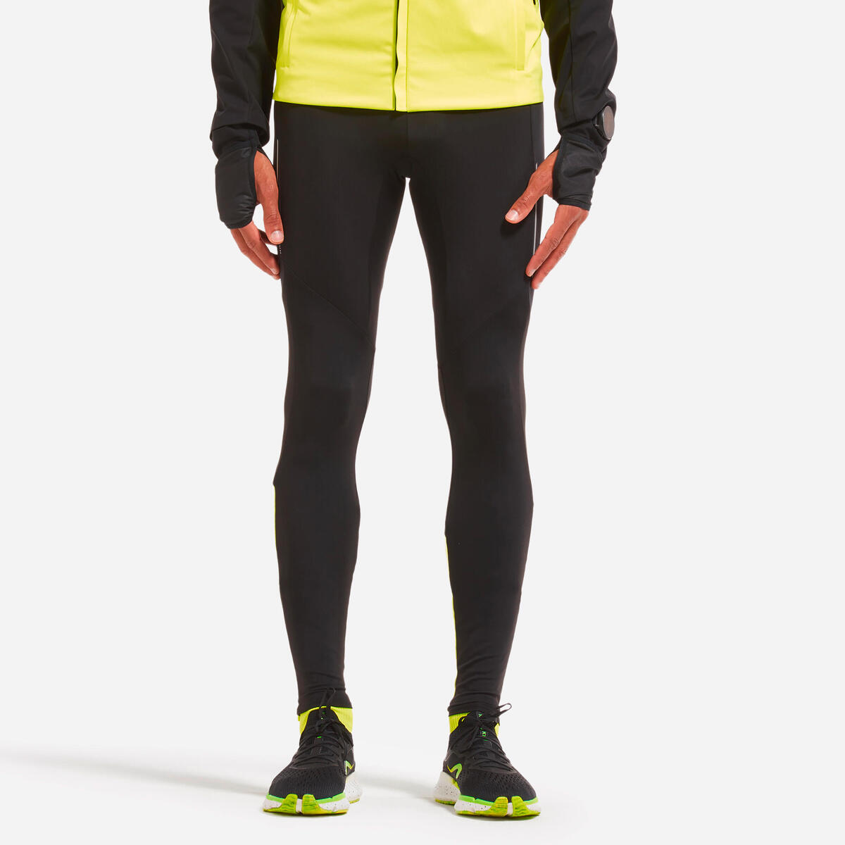 Collant chaud de running Homme, KIPRUN Run 500 Warm Noir et Jaune fluo