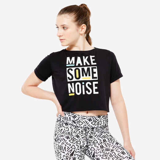 
      Dievčenské splývavé crop top tričko na moderný tanec s potlačou čierne
  