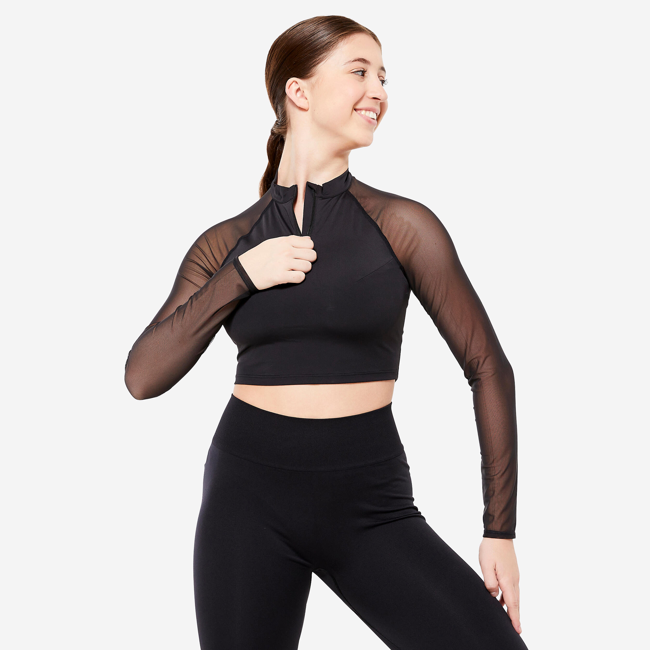 Women s Modern Dance Long Sleeved Crop Top with Sport Bra Black DOMYOS Decathlon
