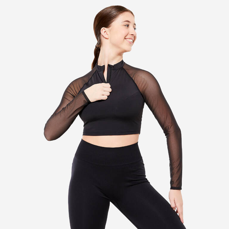 Women's Modern Dance Long-Sleeved Crop Top with Sport Bra - Black