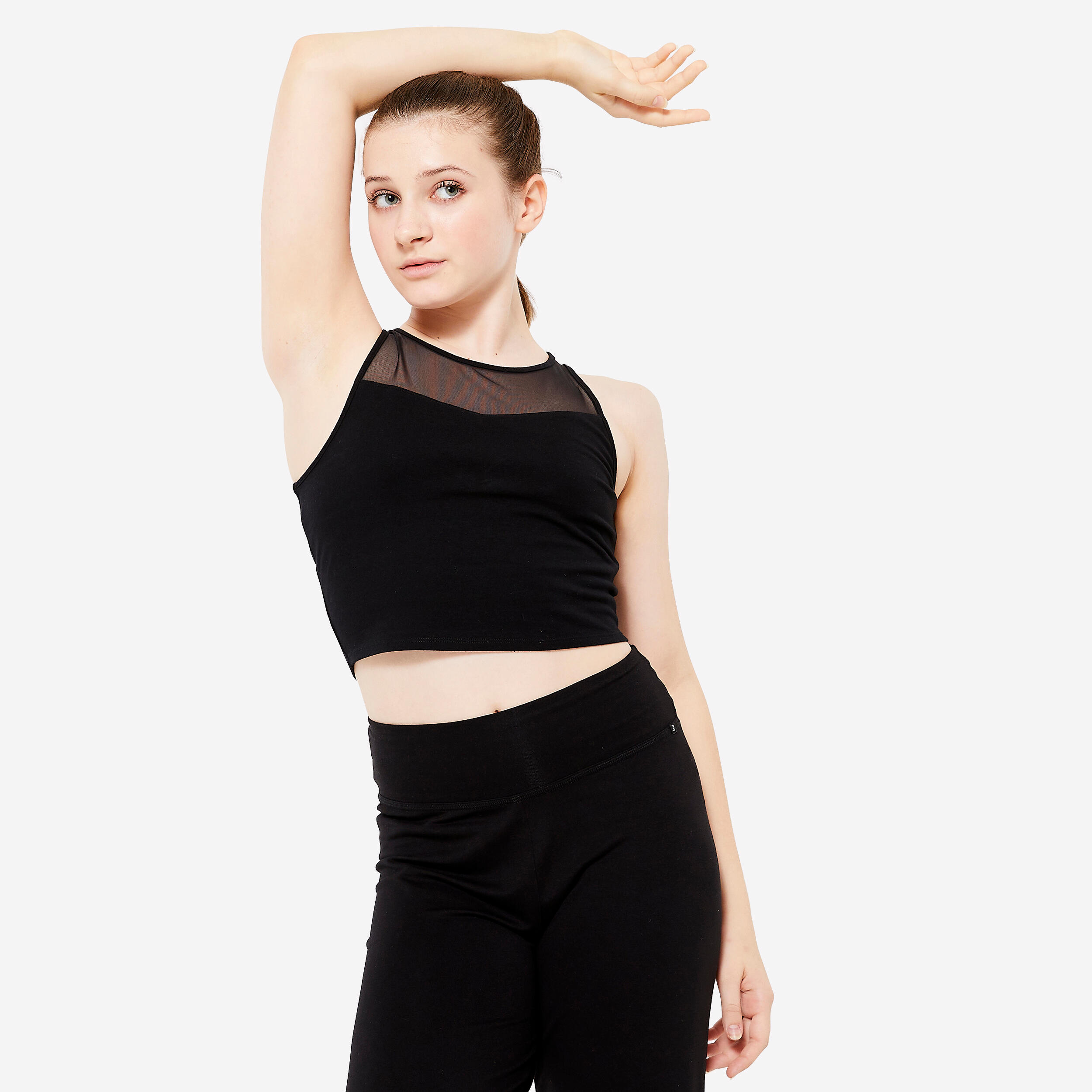 Girls' Modern Dance/Jazz Crop Top with Built-In Sports Bra - Black 1/6