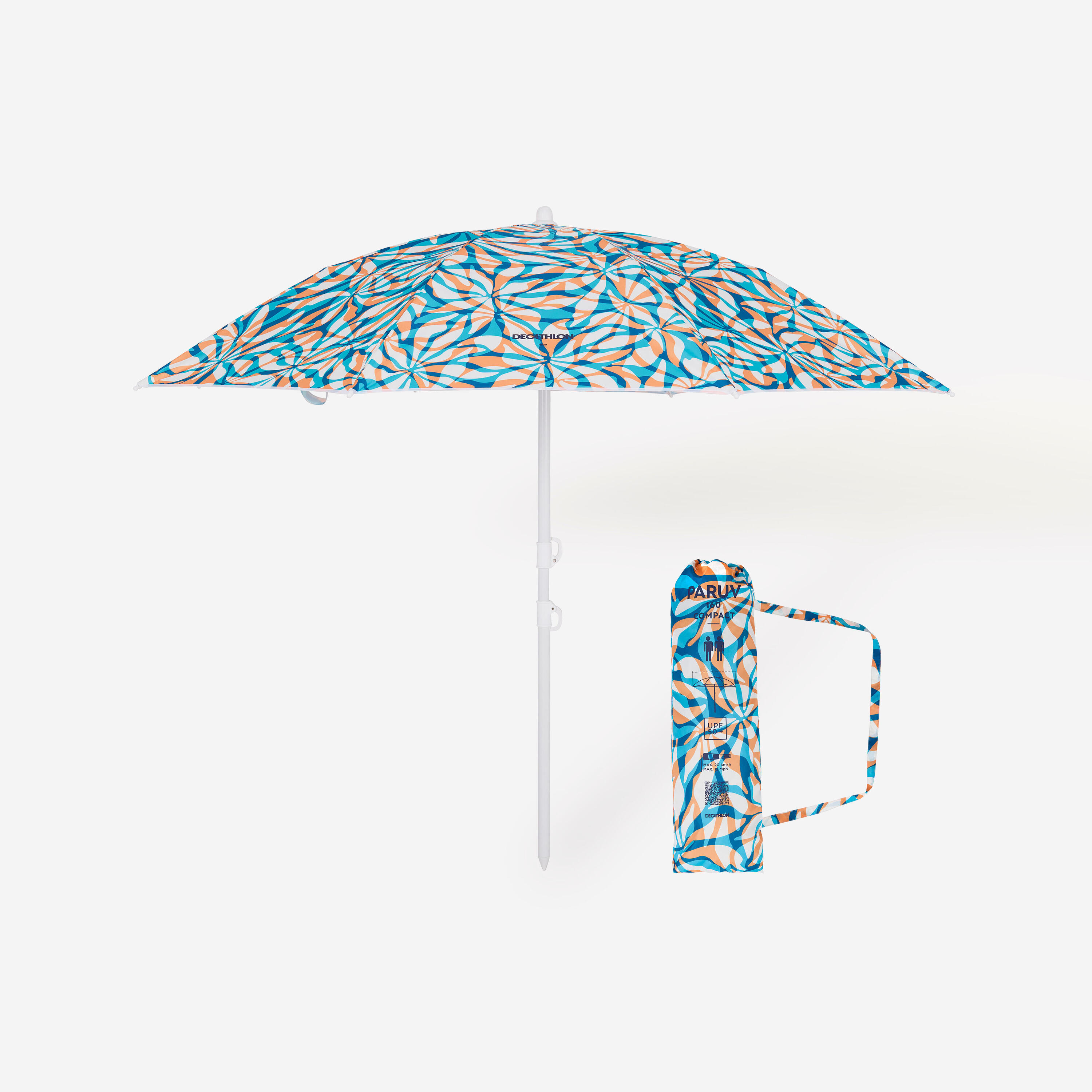 DECATHLON Compact beach umbrella 2 person UPF 50+ - Paruv 160 blue flowers