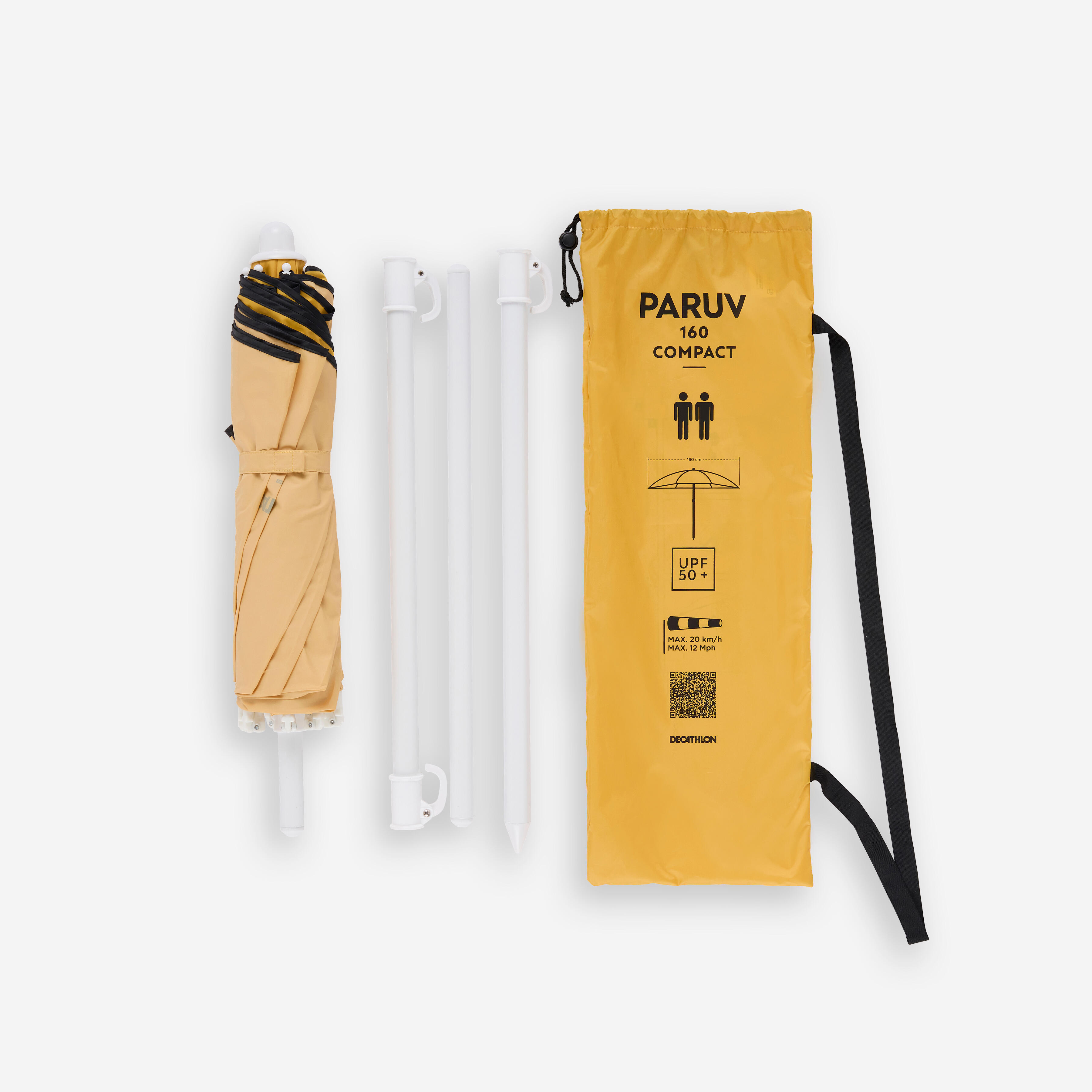 Compact beach umbrella 2-person UPF 50+ 160 cm diameter - PARUV yellow ochre