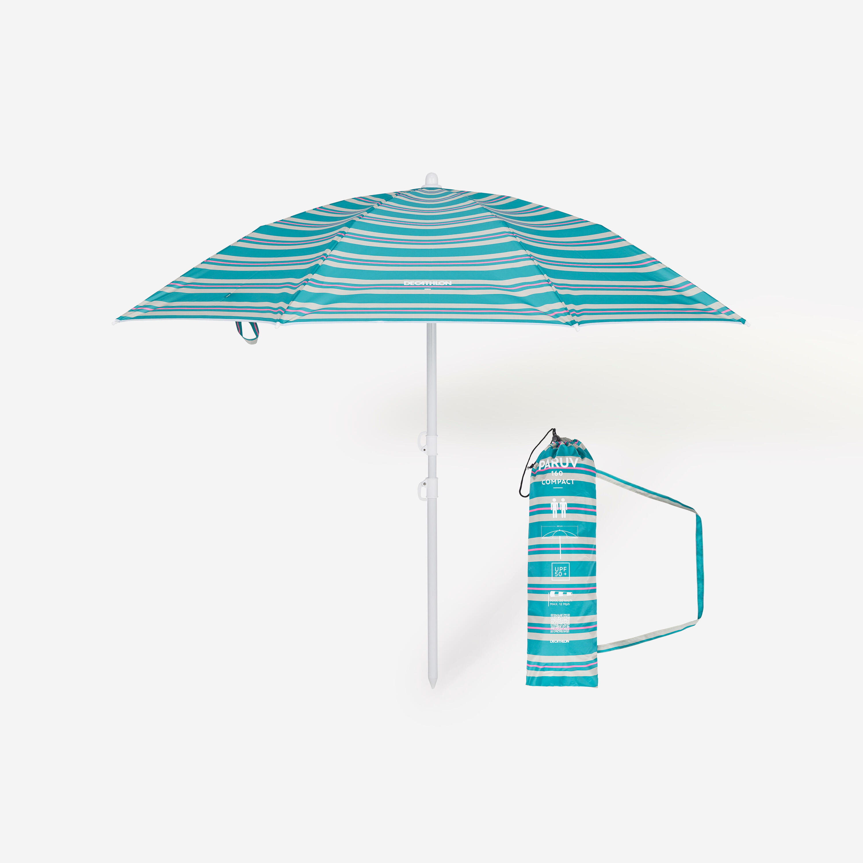 DECATHLON Compact beach umbrella 2 person UPF 50+ - Paruv 160 green stripe