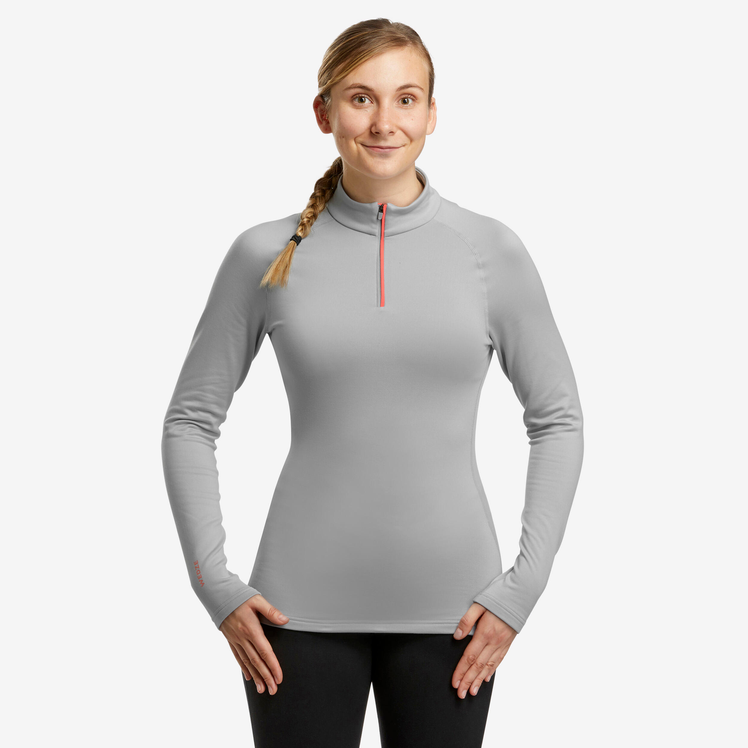 WEDZE Woman's thermal ski base layer top 500 1/2 Zip - Light Grey 
