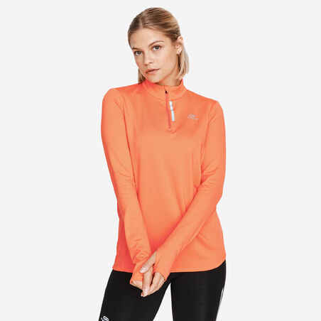 T-shirt manches longues chaud running femme - Zip warm corail