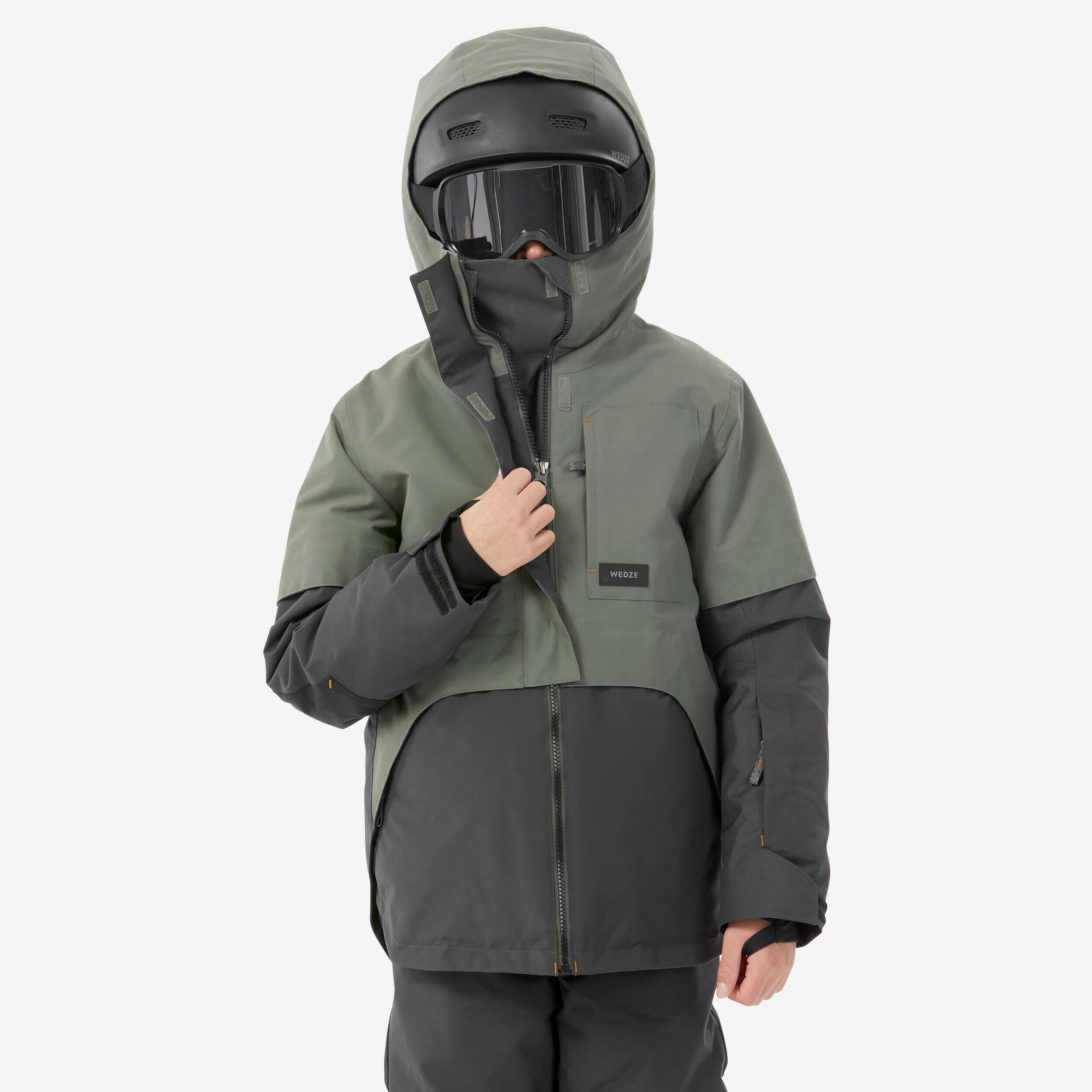 DREAMSCAPE BOYS' HIGH RESISTANCE LONG SNOWBOARD JACKET - SNB 500 - KHAKI