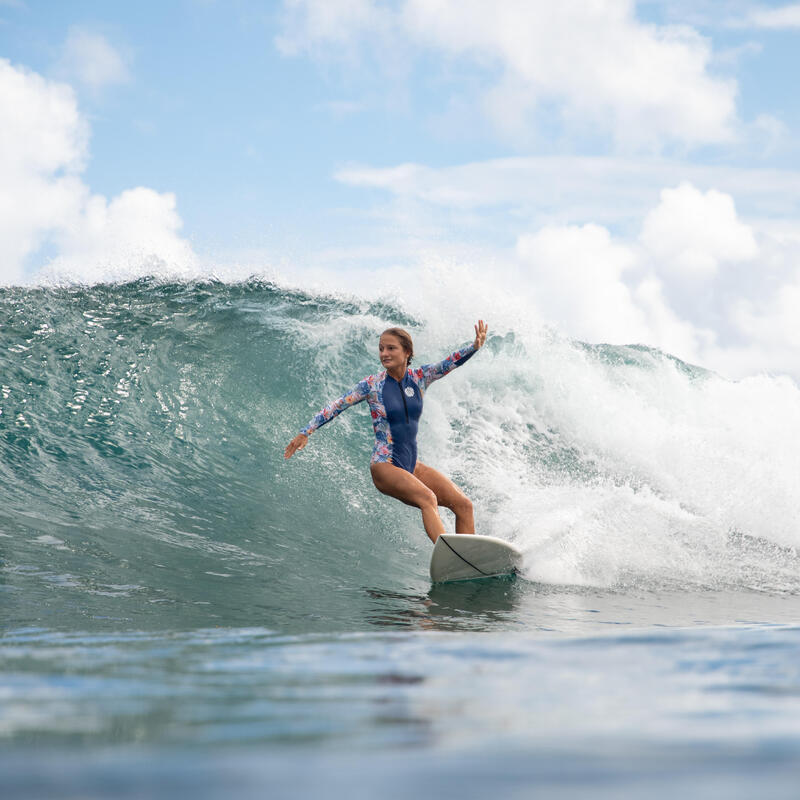 Badpak voor surfen meisjes lange mouwen rits vooraan 500 blauw