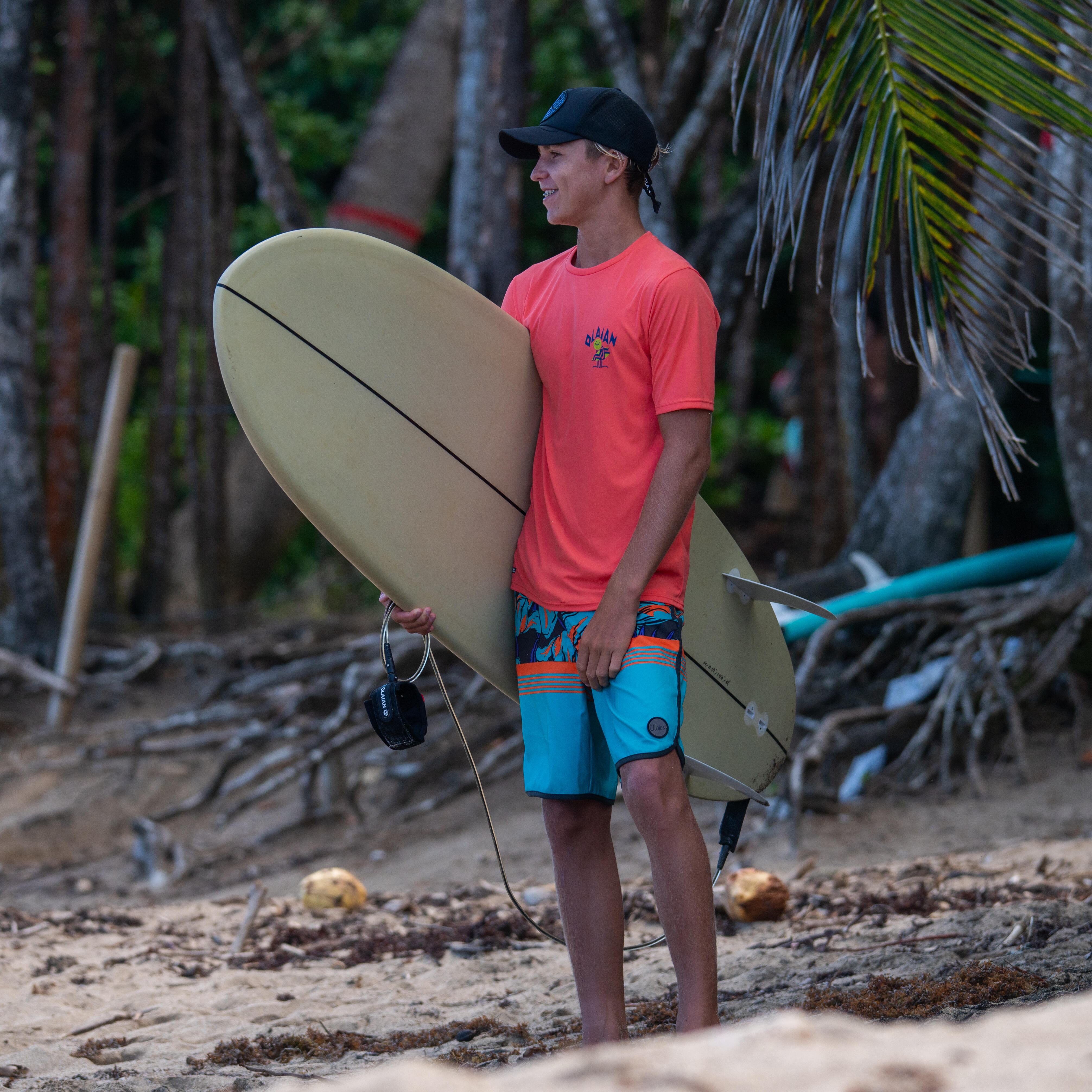 Kids’ Short-Sleeved Surfing Rash Guard, 100 - Blue, pomelo orange ...