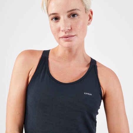 Moteriški berankoviai bėgimo marškinėliai su liemenėle „Kiprun Run 500“, juodi
