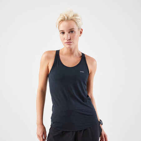 Moteriški berankoviai bėgimo marškinėliai su liemenėle „Kiprun Run 500“, juodi