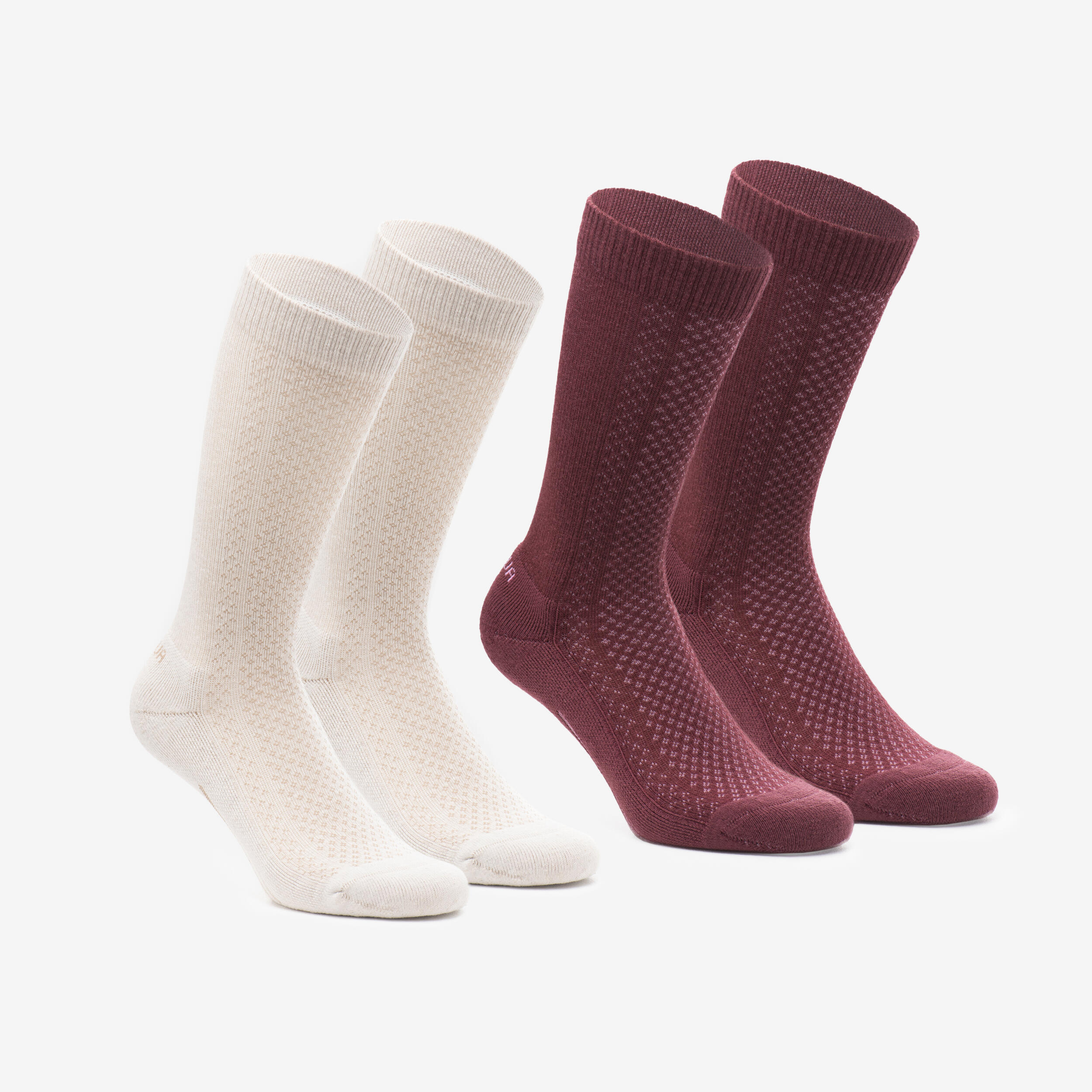QUECHUA Hike 100 High Socks  - Beige Burgundy-Lyocell& Linen-Pack of 2 pairs
