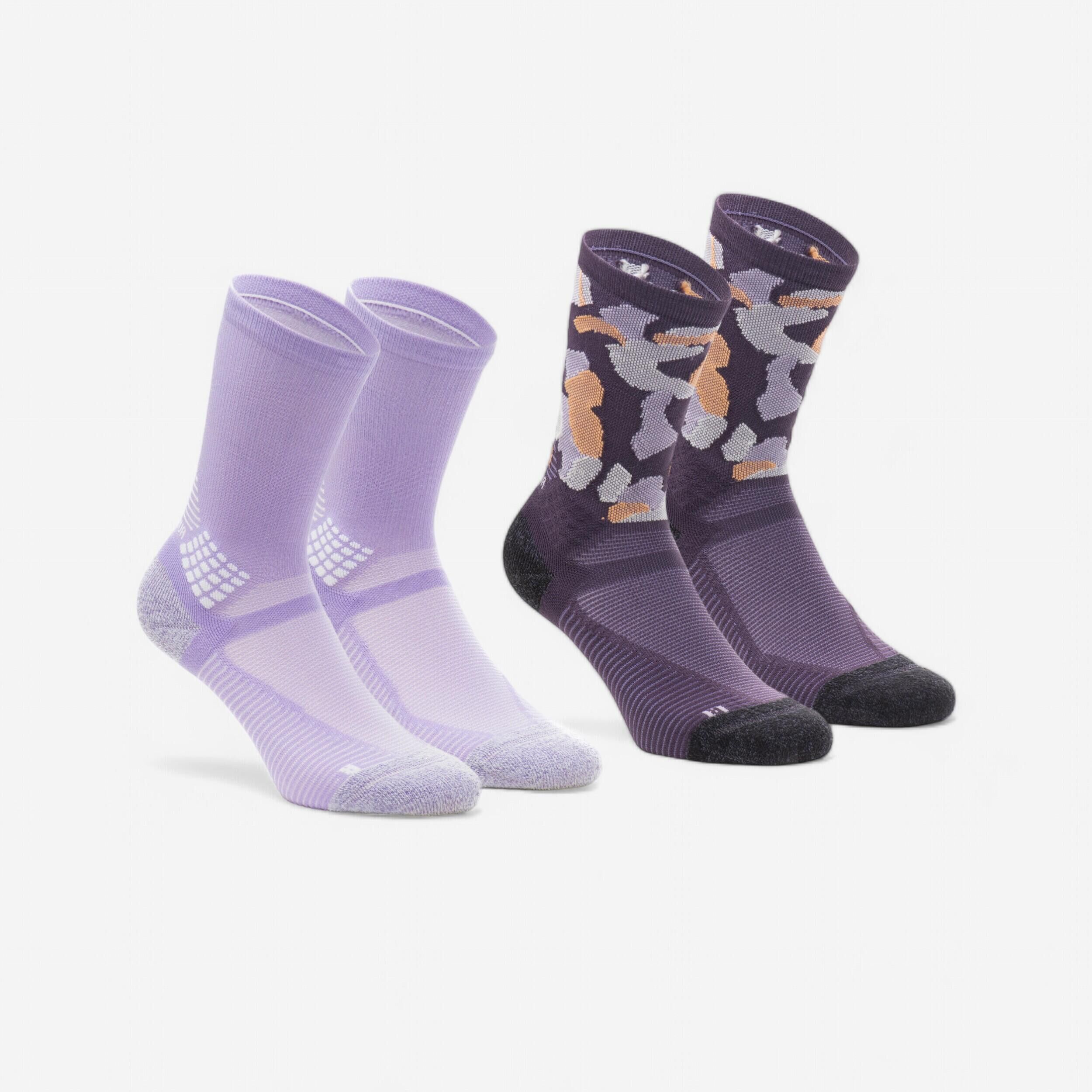 QUECHUA Hiking Socks Hike 500 High Trendy x2 Pairs - Purple & Kamo