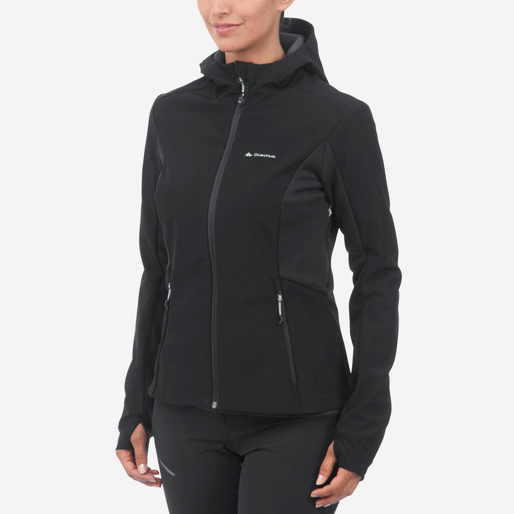 Sieviešu softshell kalnu pārgājienu jaka pret vēju “Trek 500 Windwarm”, tirkīza