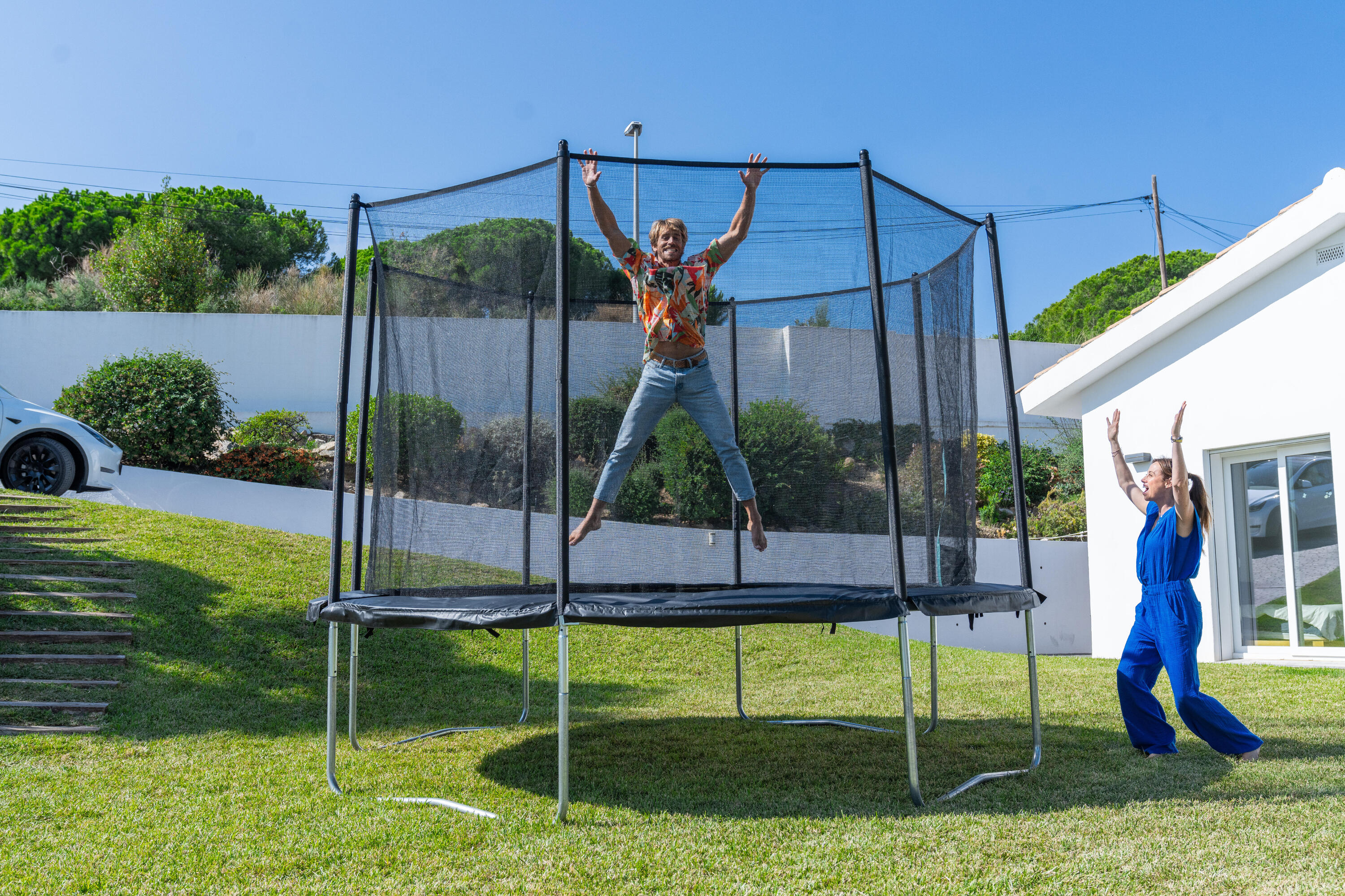 Trampolino elastico 420 con rete di protezione nero 41/42