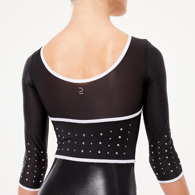 Justaucorps gym manches longues 3/4 Fille - noir brillant pailleté avec strass