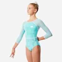 Girls' 3/4 Long Sleeved Gym Leotard - Shiny Turquoise Glitter with Rhinestones