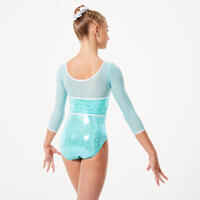 Girls' 3/4 Long Sleeved Gym Leotard - Shiny Turquoise Glitter with Rhinestones