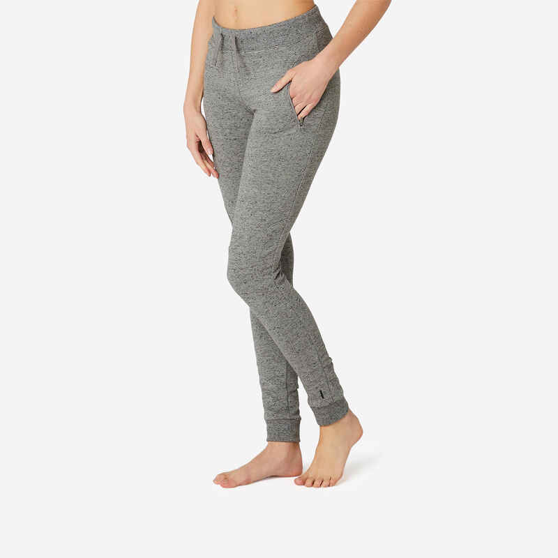 Pantalón jogger fitness ajustado de algodón con bolsillos Mujer Domyos 520 gris