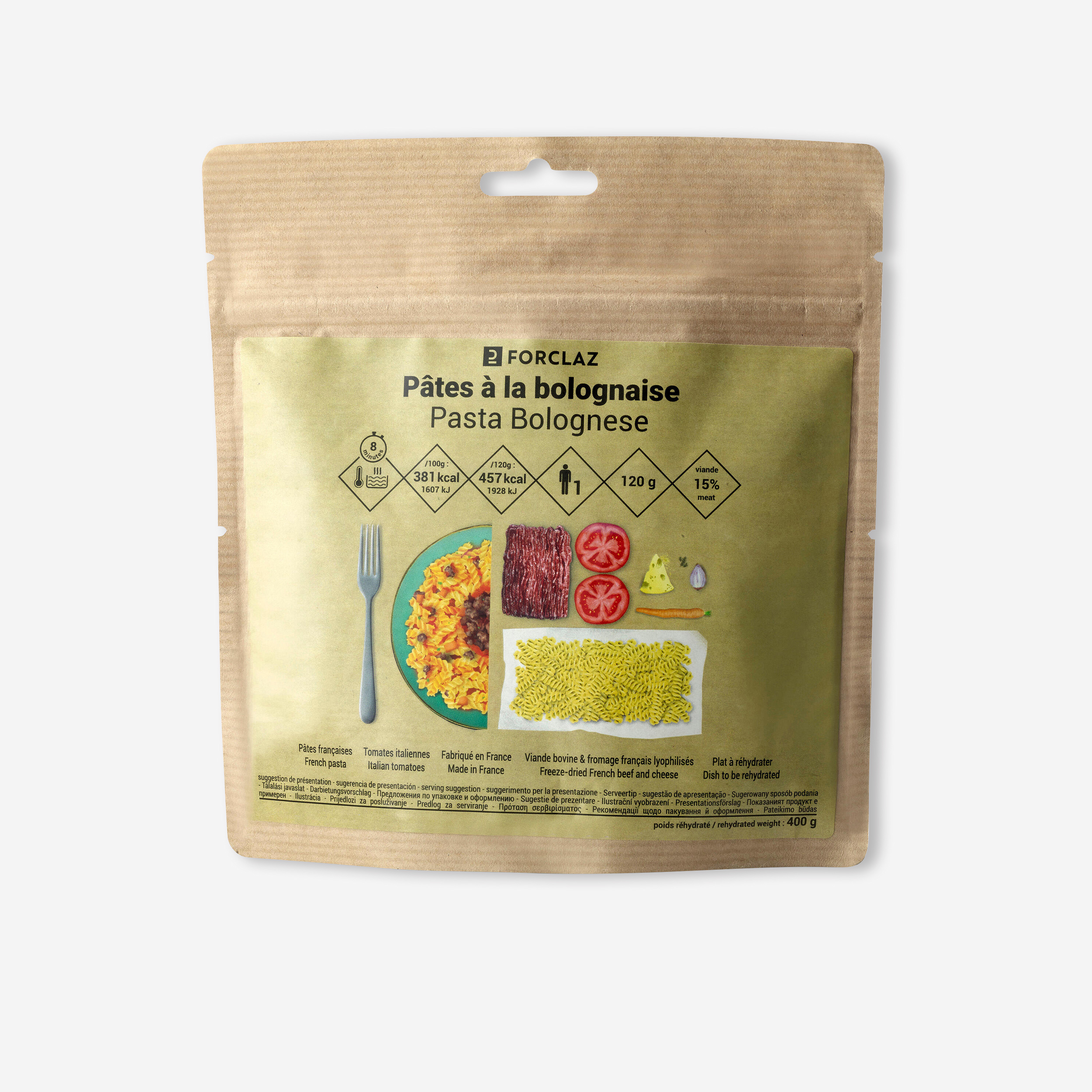 Repas lyophilisé - pâtes à la bolognaise - 120g - Randonnée - Trek - FORCLAZ- Clubs - Entreprises - Collectivités - Associations