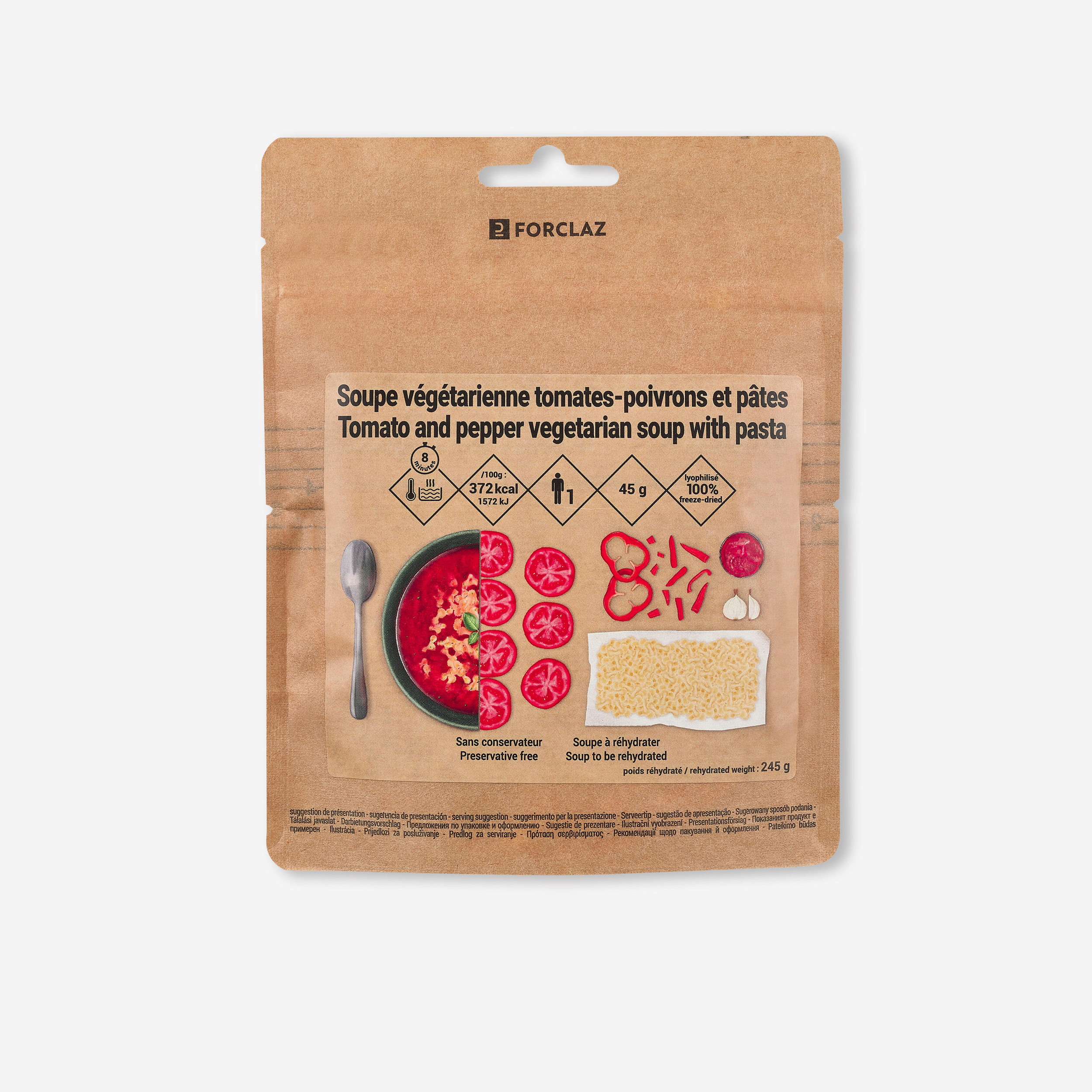 Soupe lyophilisée végétarienne - tomates poivrons pâtes - 45 g - Randonnée - Trek - FORCLAZ- Clubs - Entreprises - Collectivités - Associations