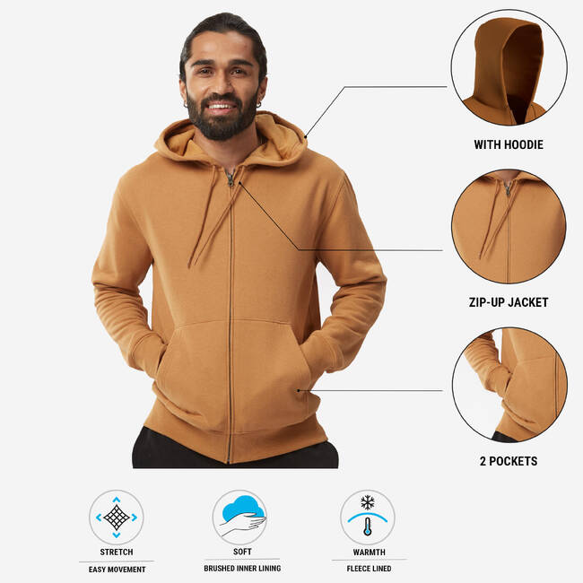 Men Sweatshirt With Hood and Zip Fleece Lined 500 For Gym- Hazelnut