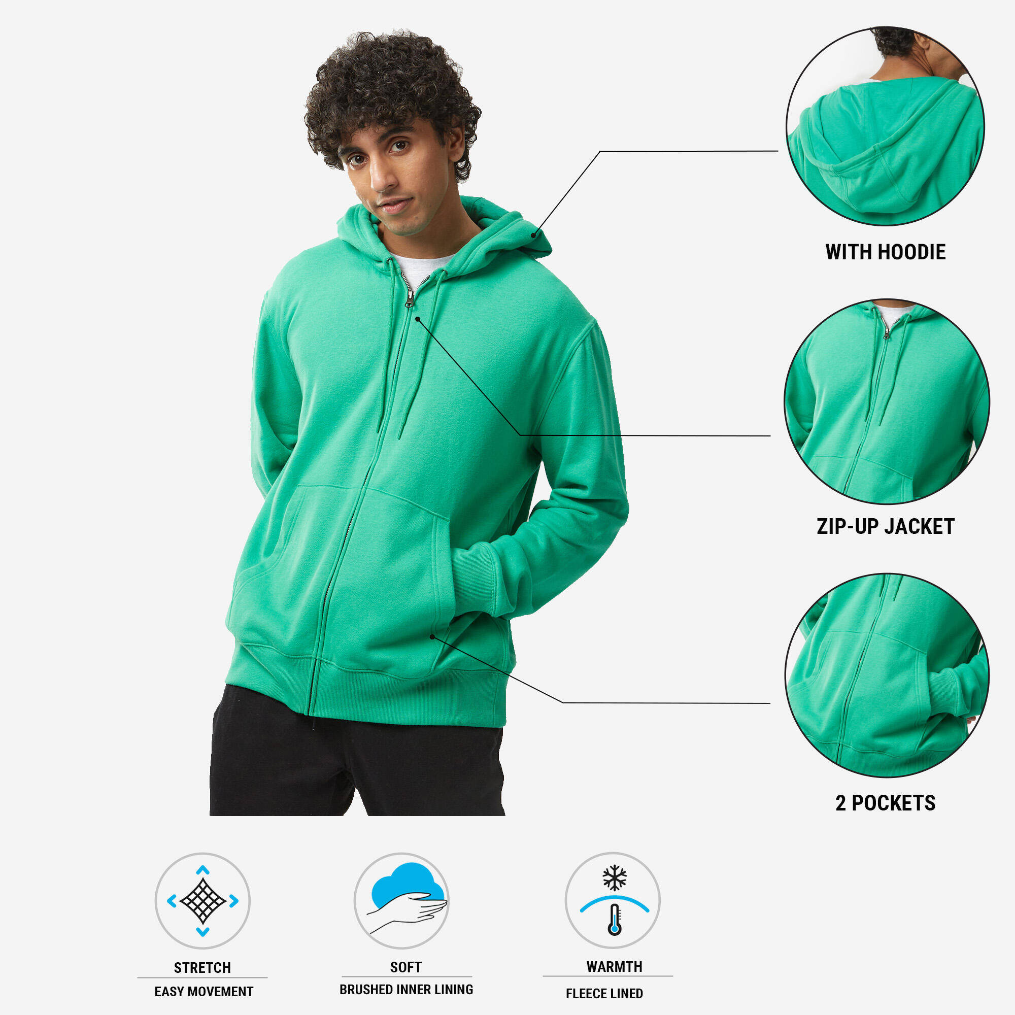 Men Fleece Hoodie, Full Zipped -Green -  2