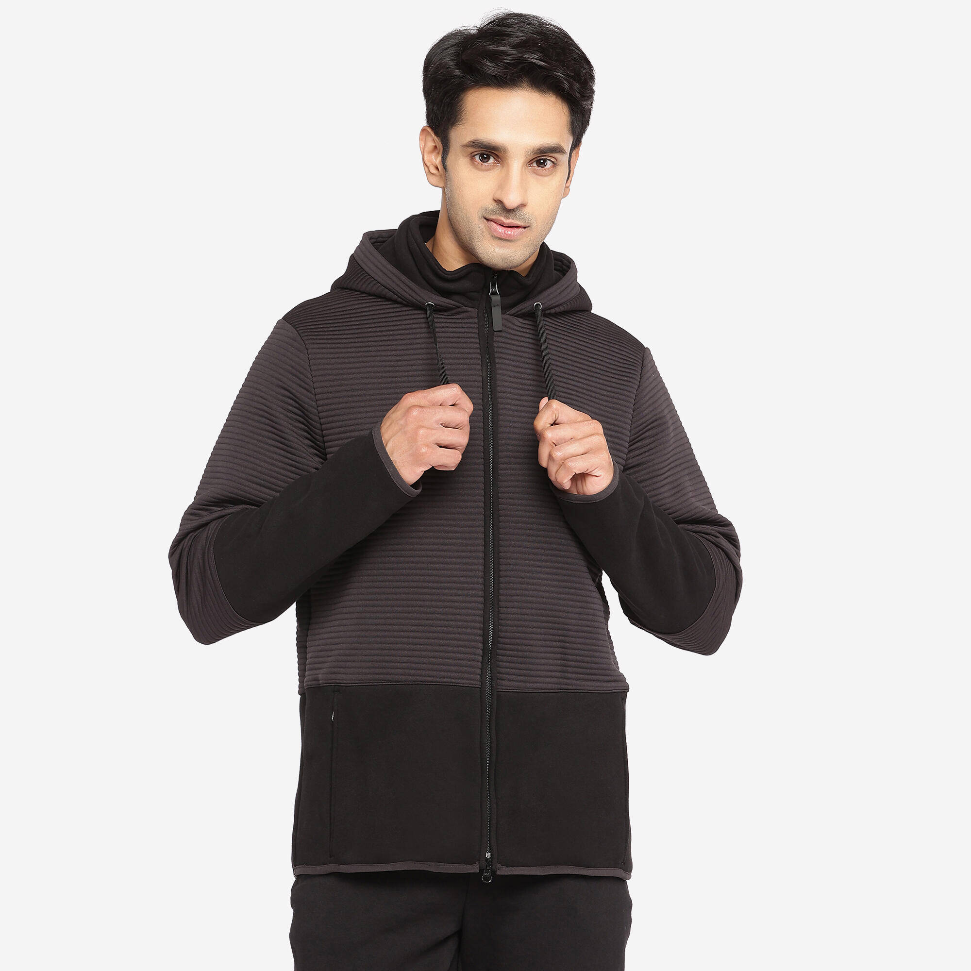 Men Sweatshirt With Hood and Zip Polar Fleece Lined For Gym 560- Black -  1
