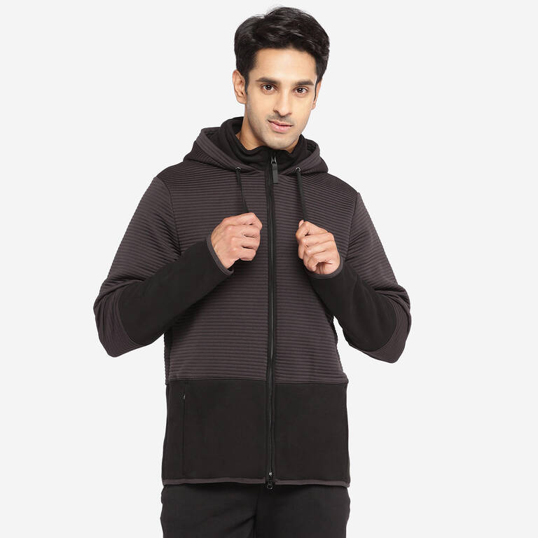 Men Sweatshirt With Hood and Zip Polar Fleece Lined For Gym 560- Black