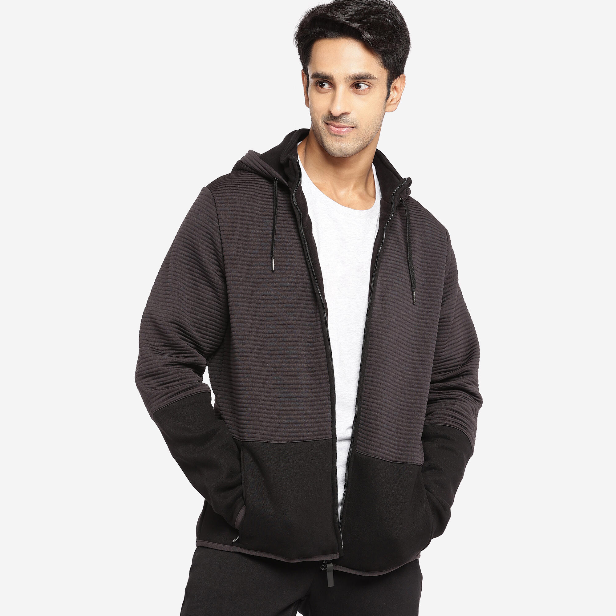 Men Sweatshirt With Hood and Zip Polar Fleece Lined For Gym 560- Black
