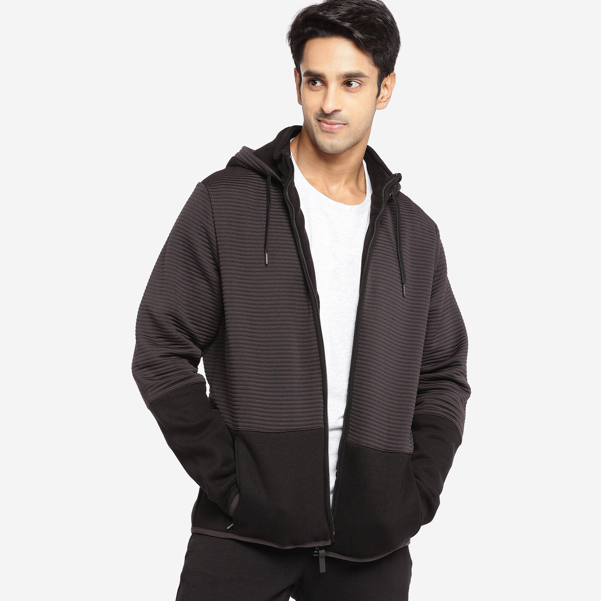 Men Sweatshirt With Hood and Zip Polar Fleece Lined For Gym 560- Black -  2