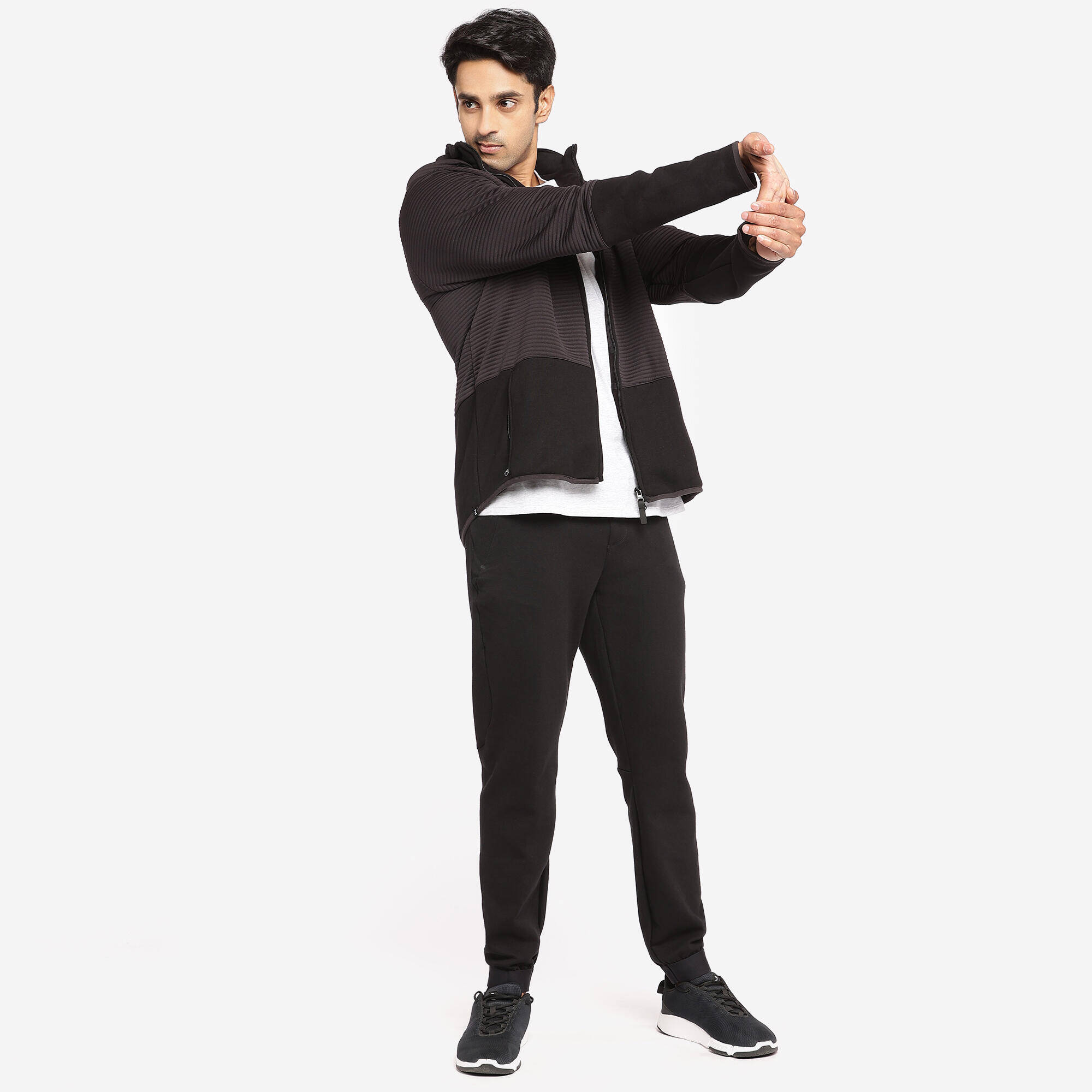 Men Sweatshirt With Hood and Zip Polar Fleece Lined For Gym 560- Black -  5