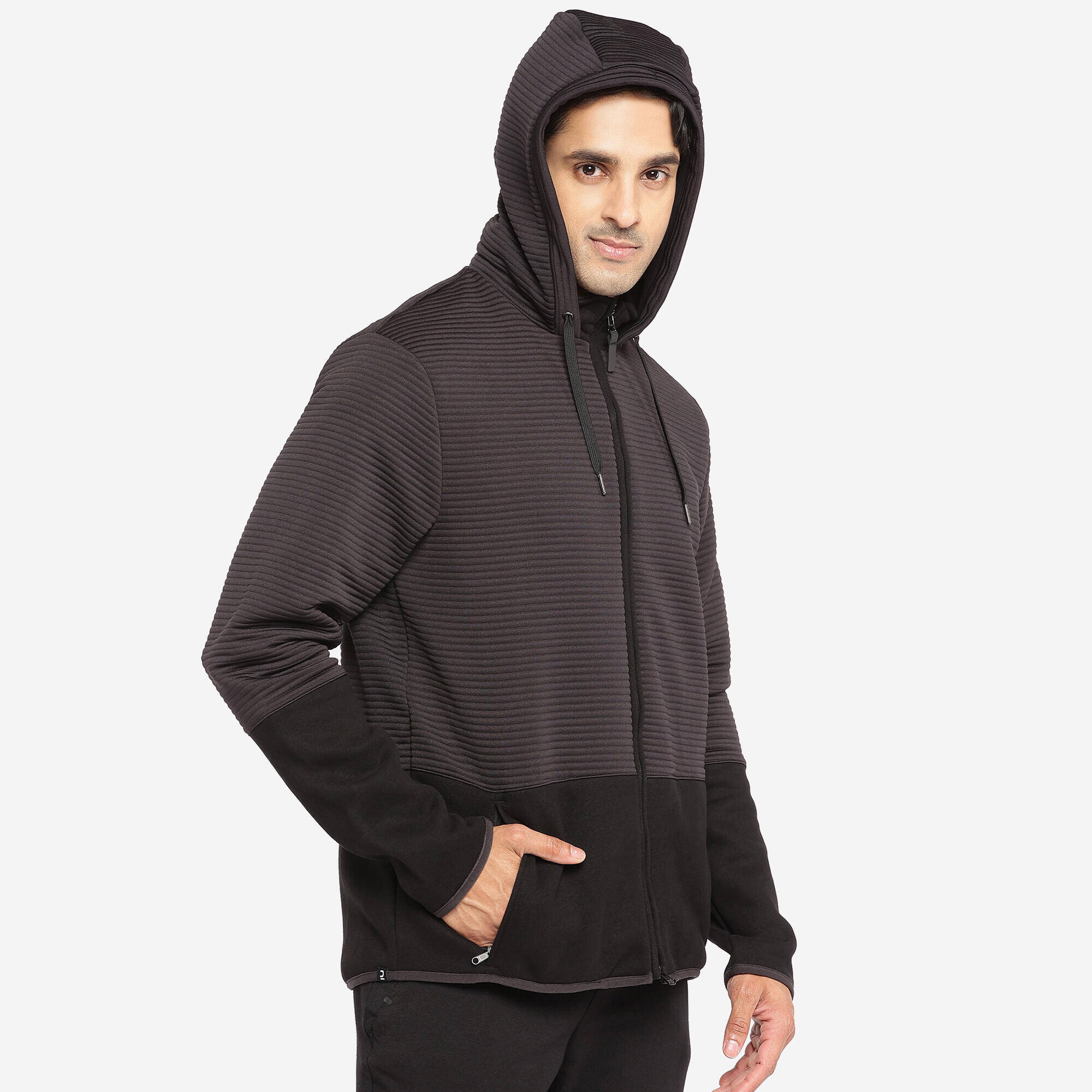Men Sweatshirt With Hood and Zip Polar Fleece Lined For Gym 560- Black -  3