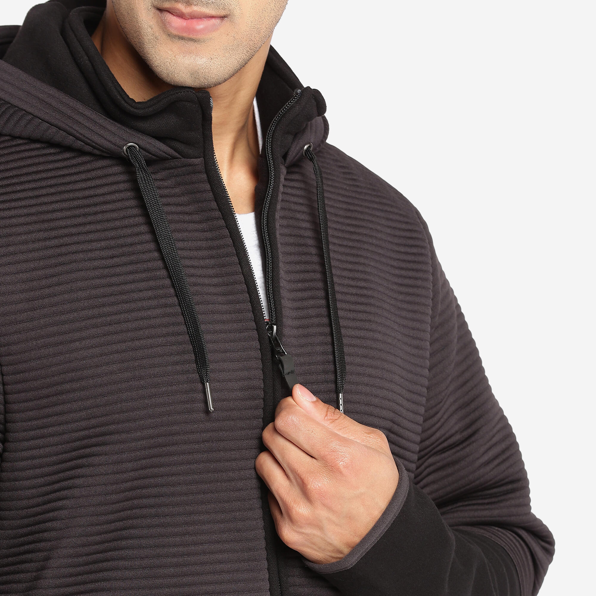 Men Sweatshirt With Hood and Zip Polar Fleece Lined For Gym 560- Black