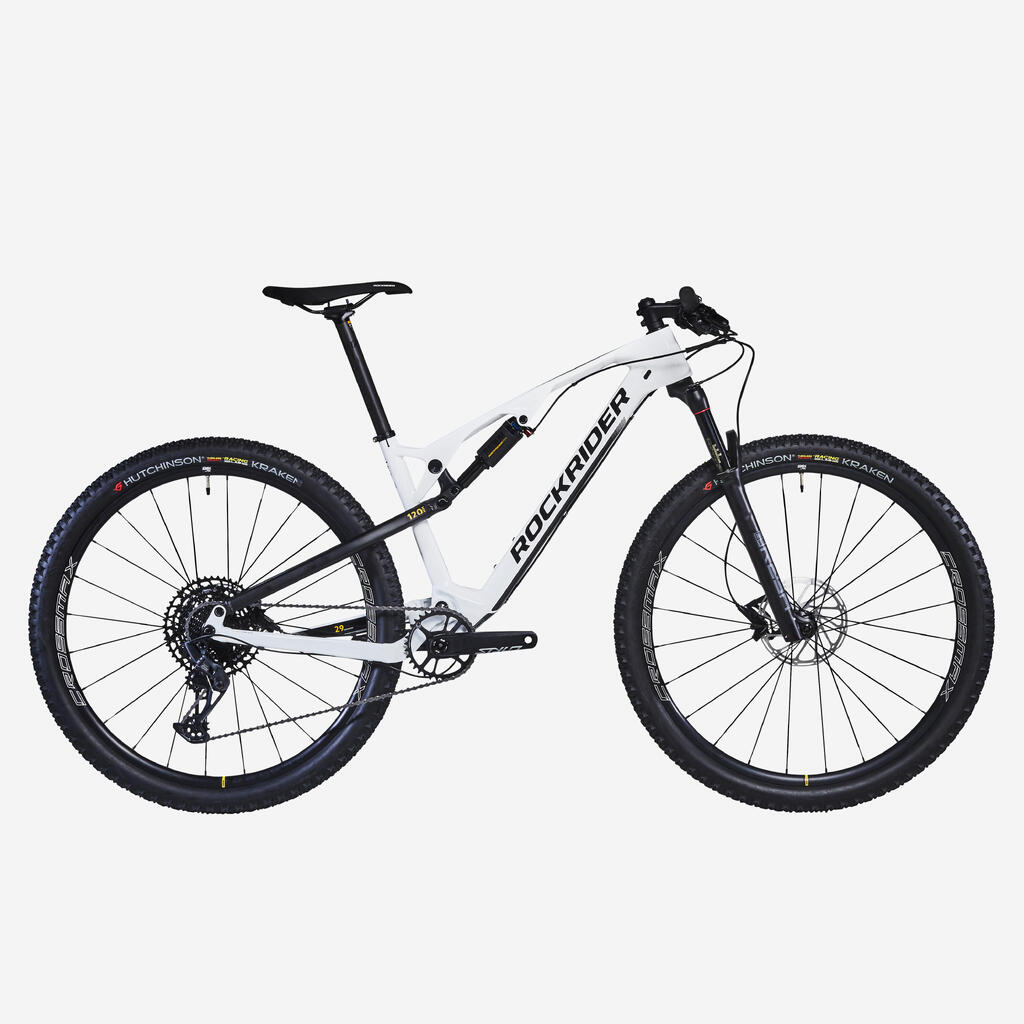 Oglekļa šķiedru kalnu velosipēds ar amortizāciju priekšā un aizmugurē “XC 900”, 29 collas, balts