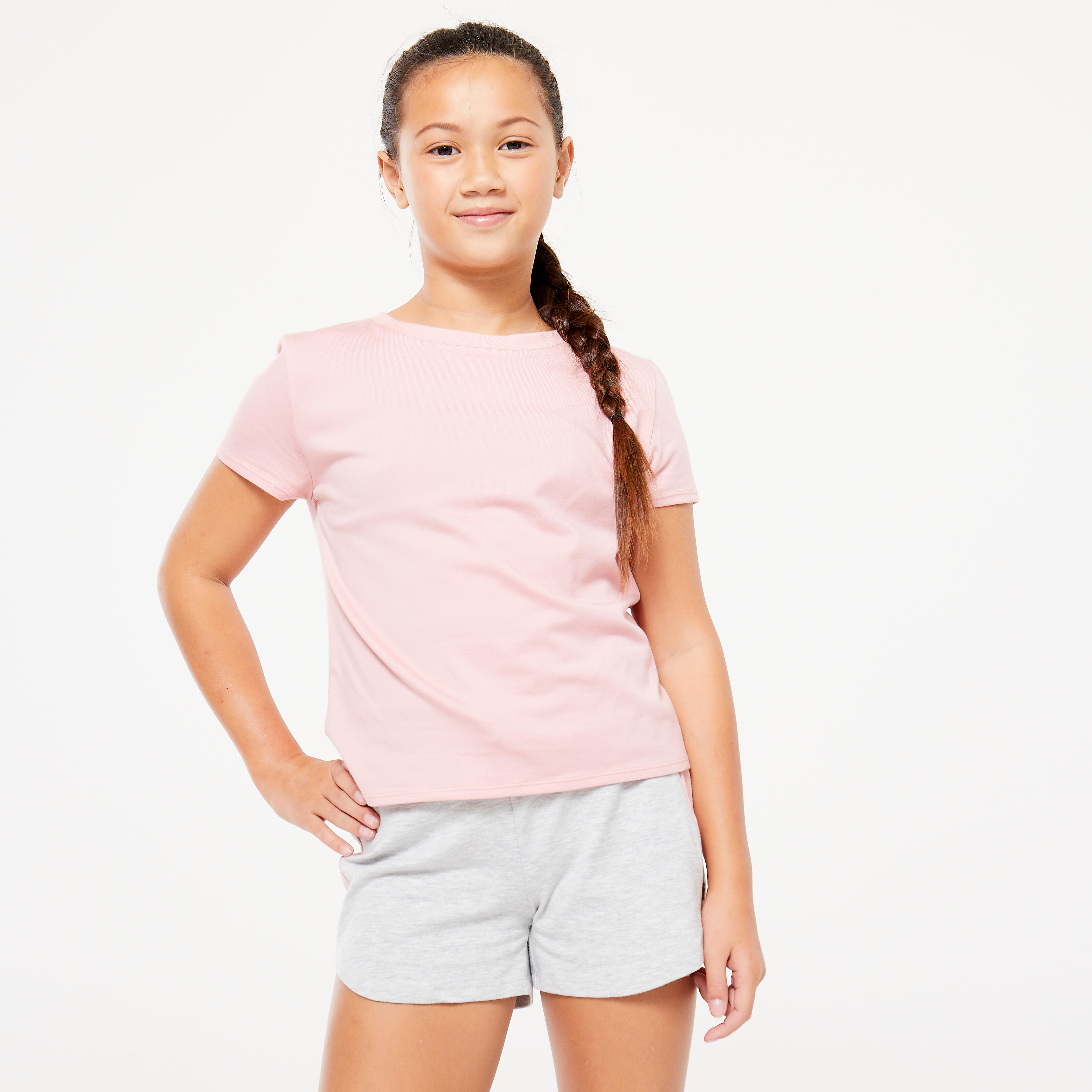 Decathlon | T-shirt bambina ginnastica 500 regular fit misto cotone rosa antico |  Domyos