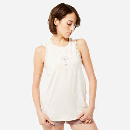 Majica bez rukava za jogu pamučna ženska prljavo bijela s printom 
