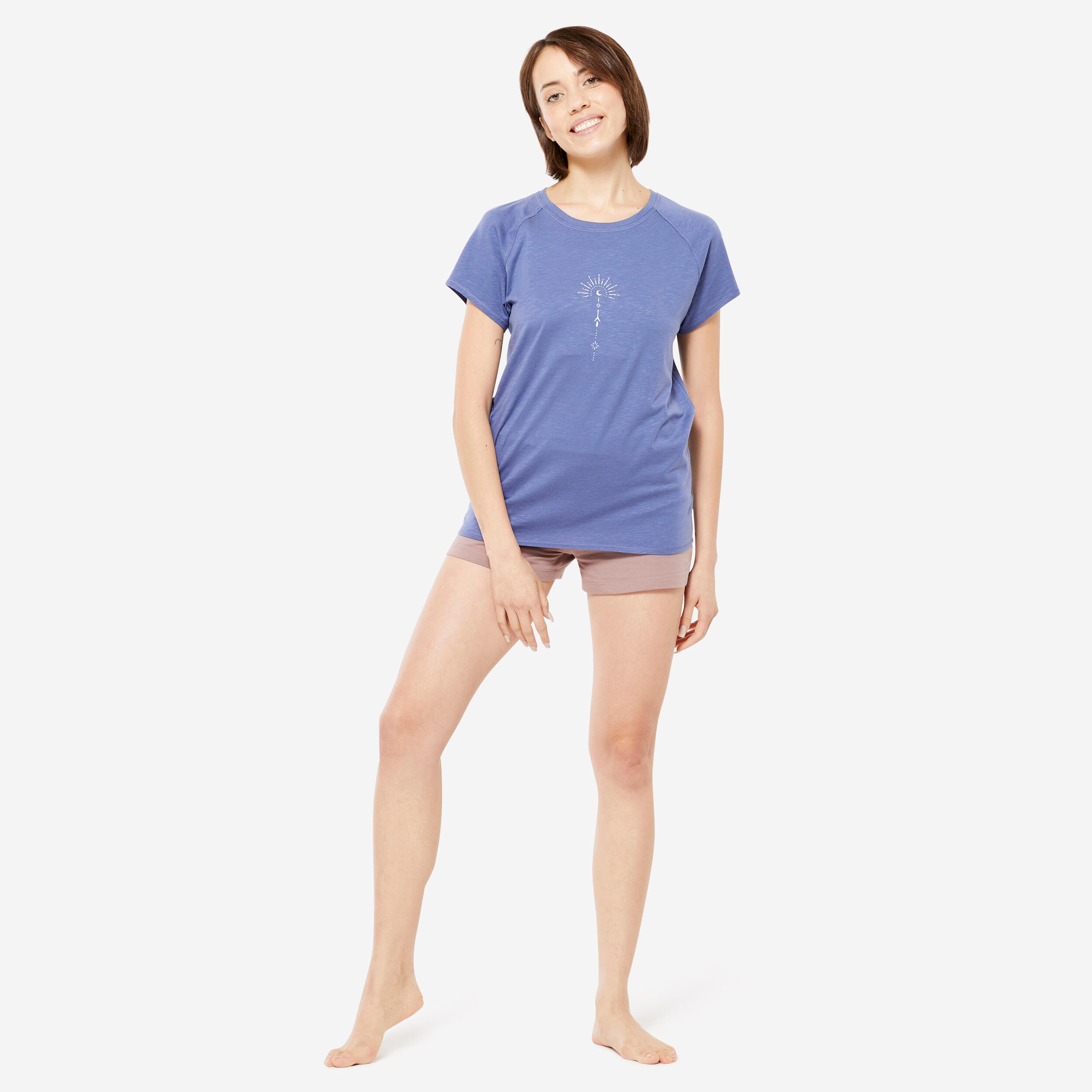 Women s Gentle Yoga Cotton T Shirt Blue KIMJALY Decathlon