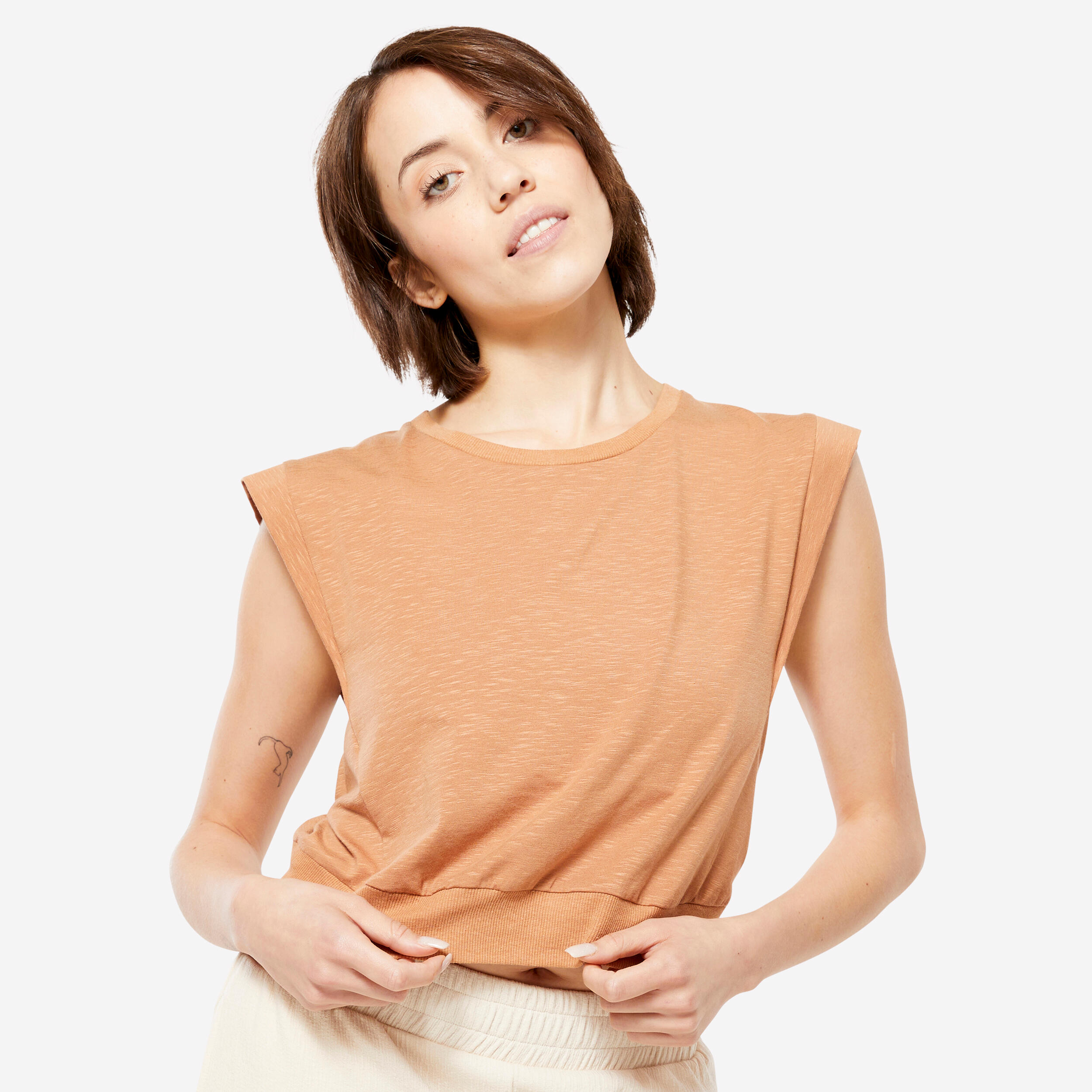 Loose Cropped Yoga T-Shirt - Beige 1/6