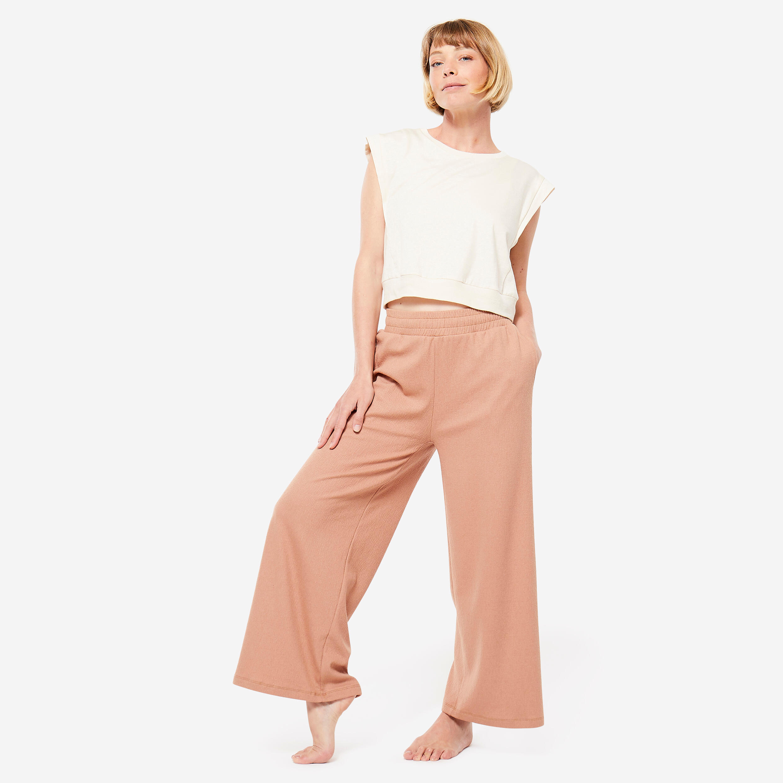 T-shirt donna yoga oversize cropped cotone beige 2/7