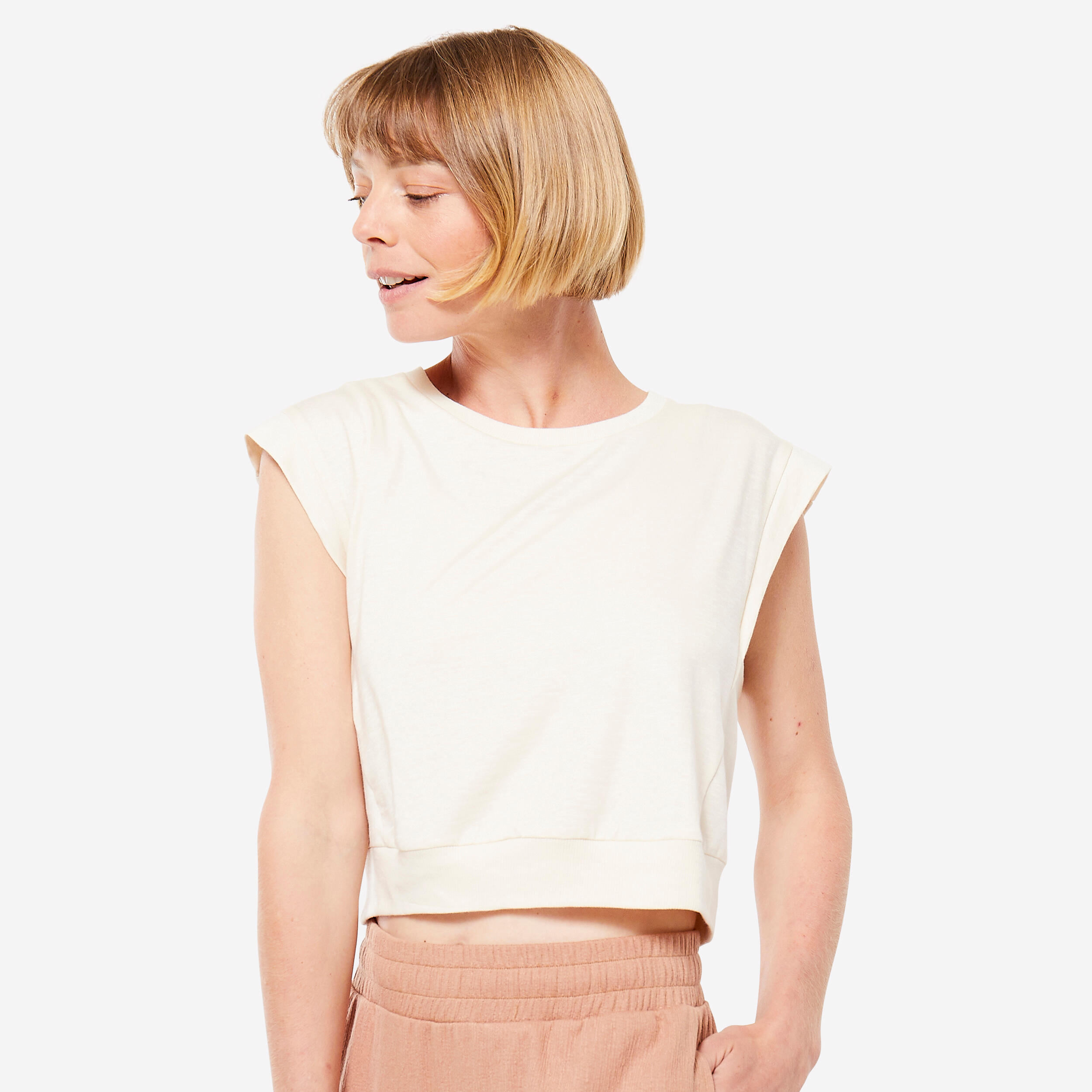KIMJALY Loose Cropped Yoga T-Shirt - Beige