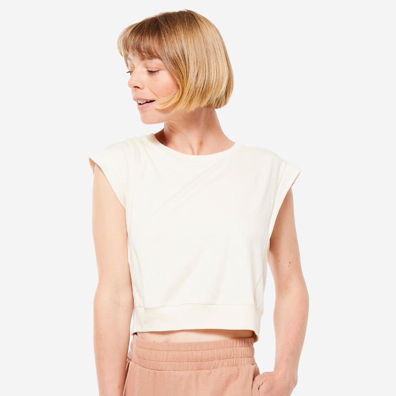 T-shirt donna yoga oversize cropped cotone beige