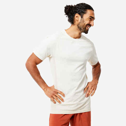 
      Majica kratkih rukava za dinamičnu jogu bešavna muška bijela
  