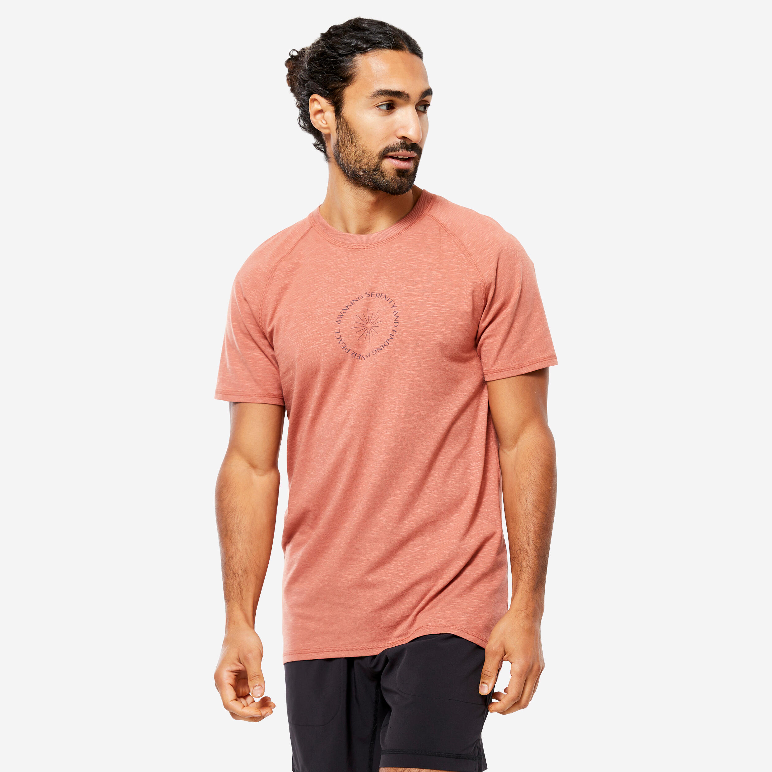 KIMJALY Men's Short-Sleeved Gentle Yoga T-Shirt in Fabric - Terracotta